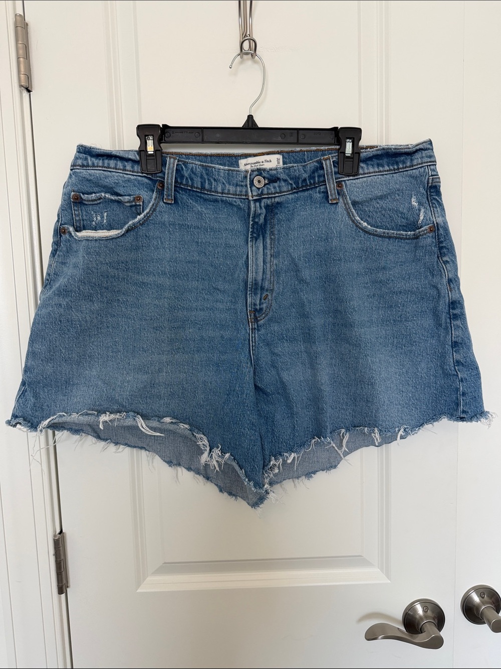 Abercrombie & Fitch Medium Blue Distressed Frayed-Hem Denim Shorts
